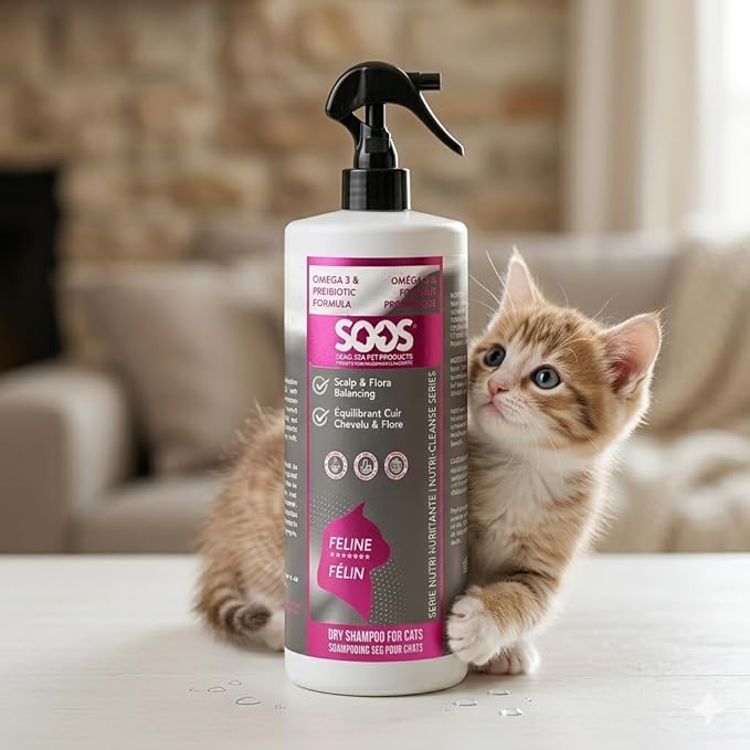 SOOS Nutri-Cleanse Waterless Cat Shampoo - Grooming Spray Omega-3 Enriched Dry Foam for Coat Deodorizing & Cleaning - 473ml