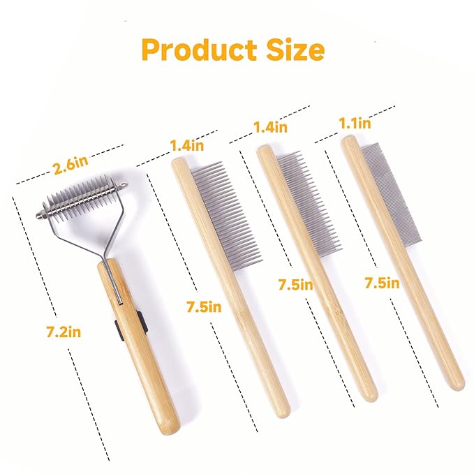 Bamboo Pet Grooming Kit for Medium to Long Haired Dogs & Cats, 4-in-1 Dematting Comb Set with Undercoat Rake, Fine/Wide & Long/Short Tooth Combs, Gentle Deshedding Tools for Indoor Pets