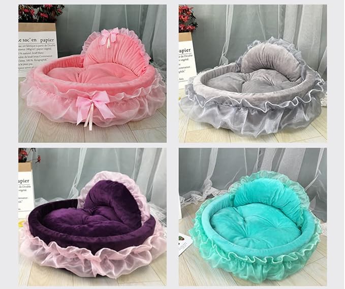 Heart-Shaped Cat Nest - Lace Princess Soft Cotton Velvet Warm Bed Sofa for Cats and Dogs in Winter (S, Pink)