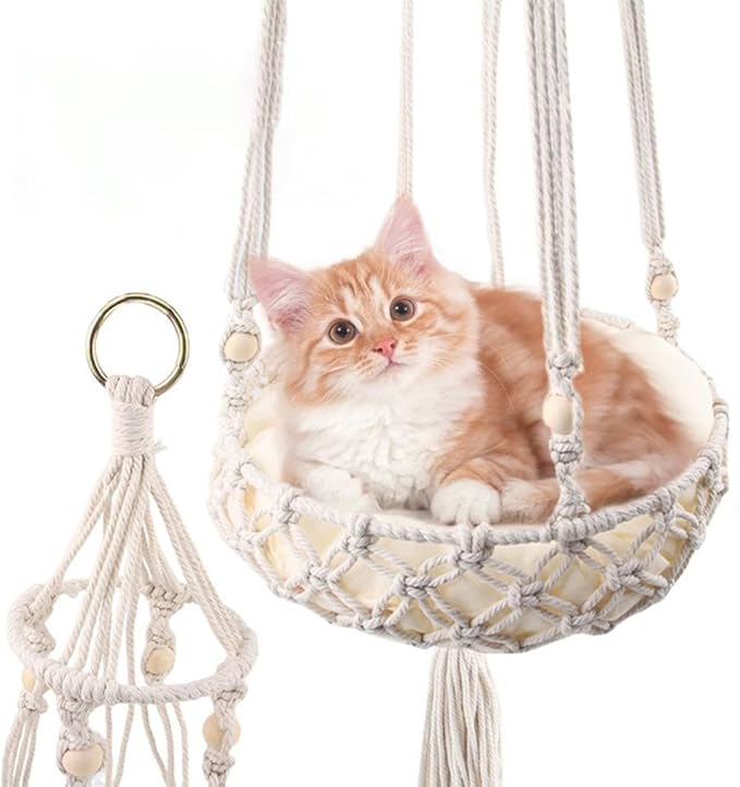 Cat Hammock Bed, 12x43Inch Handwoven Hanging Boho Cat Bed with Hanging Kit for Indoor Outdoor Home Decor Ceiling Swing for Playing Sleeping Climbing and Lounging, Wall Furniture (Triangle)