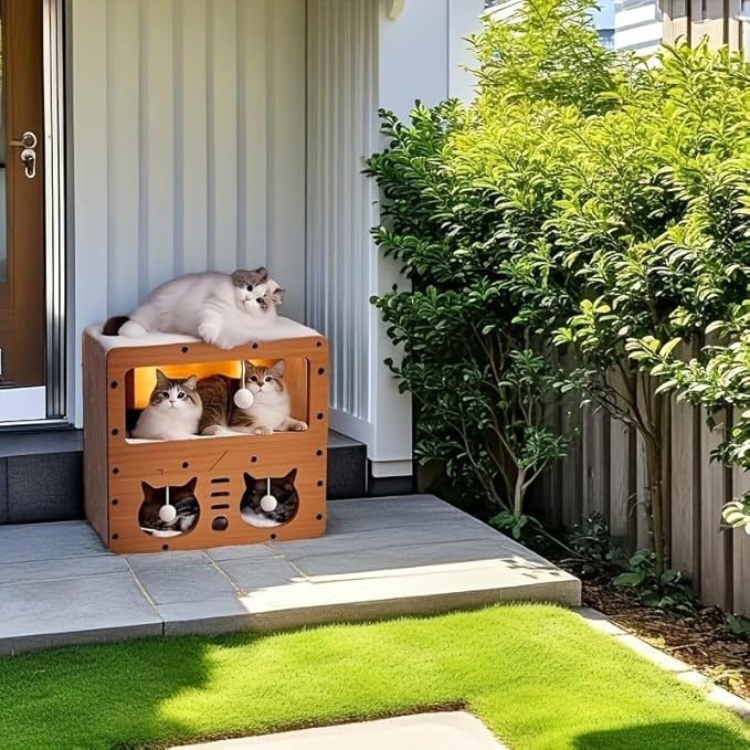 Wooden Cat House for Indoor Cats – Durable Cardboard & Wood Cat Bed Box, Cozy Hideaway Pet Nest for Sleeping & Lounging