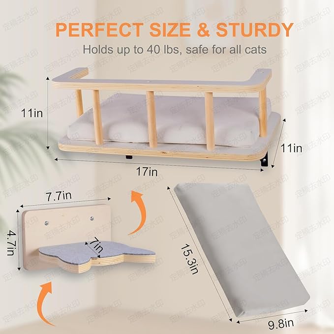Solid Wood Wall Mounted Cat Steps, Cat Wall Furniture Shelves Stairs Perch(Natural Wood)