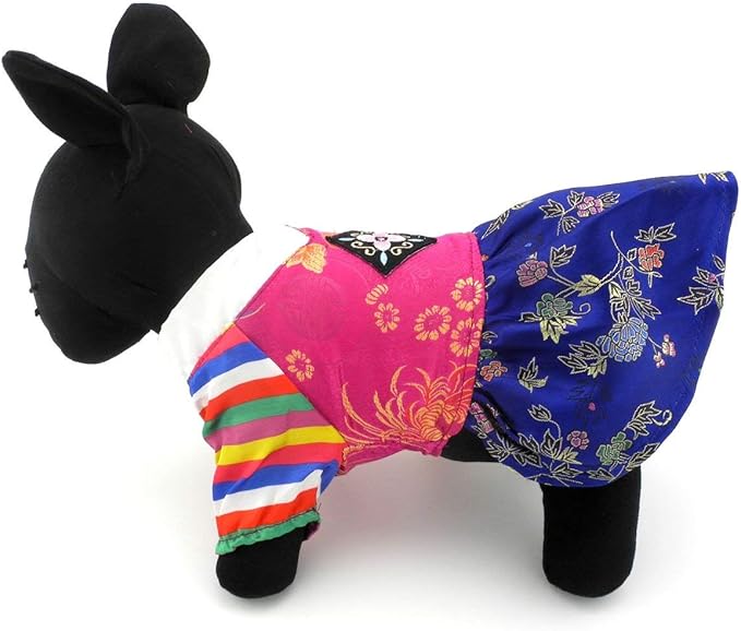 Ethnic Dog Costume Korean Traditional Knot Pendant Norigae Hanbok Embroidery Silk Pet Clothes Outfit Color Dress for Small Puppies Large Cat Apparel Birthday Party Festival Celebration Girl L