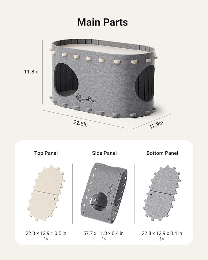DownyPaws Cat House for Indoor Cats, Cat Bed Cave for Multiple & Large Cats Up to 22 Lbs, Scratch Resistant, Foldable Peekaboo Kitten Caves Tunnel Enclosed Bed, PeekaPurr, Light Gray