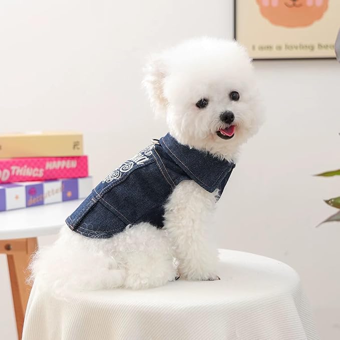 California Dog Denim Jacket with D-Ring Harness, Embroidered Jean Vest for Small Medium Dogs, Snap Button Pet Clothes Puppy Outfit for Walking(XS)