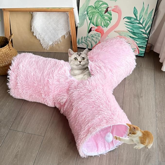 Cat Tunnel Tube Toy Collapsible 3 Way Pink Plush, Pet Tunnels for Indoor Cats, Play Tubes with Hanging Ball Perfect for Kitten, Puppy, Rabbit, Interactive Toys for Fun Playtime & Exercise