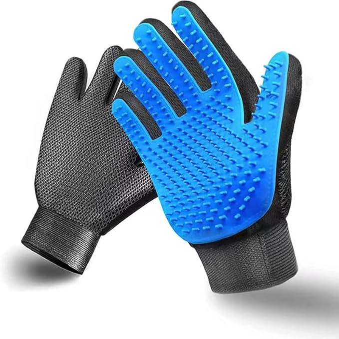 Pet Grooming Gloves, Deshedding Hair Removal Brush Mitt for Dogs and Cats, Black and Blue, Pair (Blue)