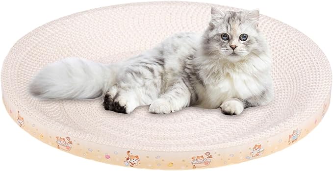 Cardboard Cat Scratcher - Protects Furniture & Soothes Your Cat | Oval/Round Scratching Pad with Non-Slip Bottom | for Indoor, Apartments, Living Rooms, Durable Cardboard, Cats Bed & Toy