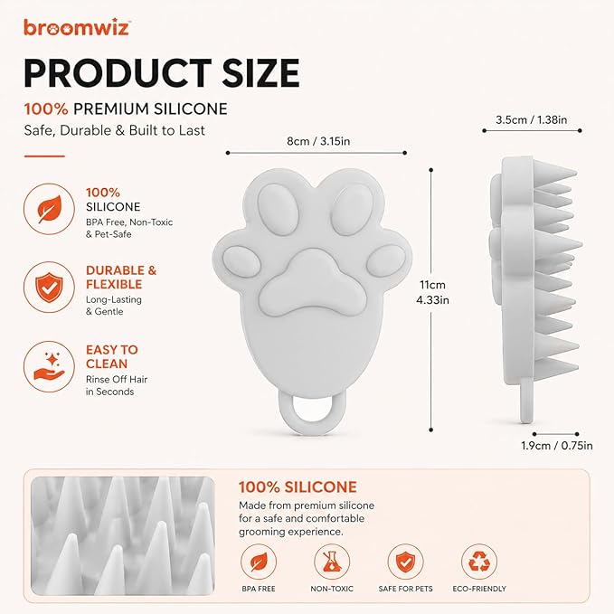 Cat Brush Silicone Pet Grooming Brush for Cats & Dogs, Soft Flexible Deshedding for Removing Loose Fur, Easy to Clean, Waterproof, for Short & Long Hair, Orange White Gray (White)