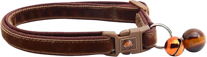 Velvet Cat Collar with Bell | Safety Breakaway Collar | Adjustable Large Size or Kitten Collar (Brown, Large(10lbs & Up))