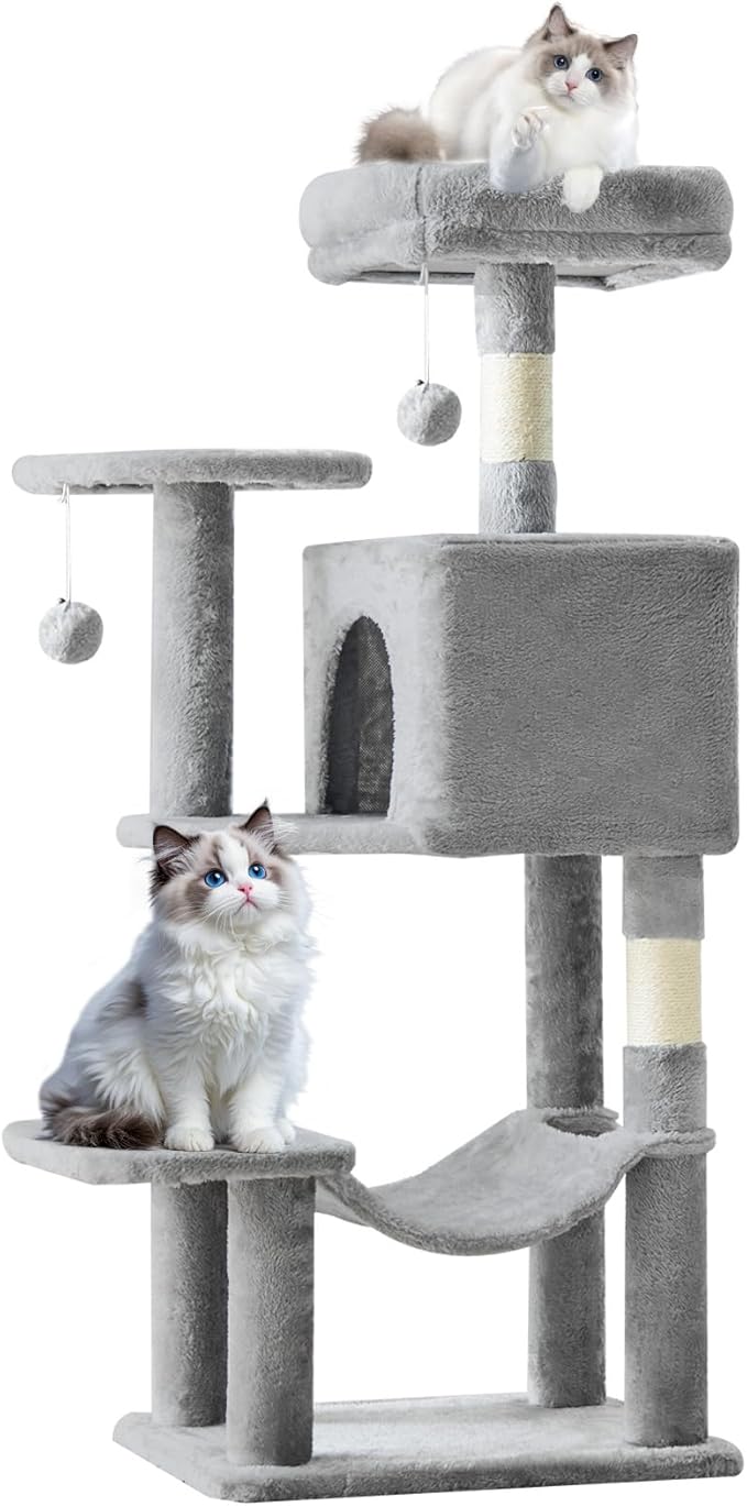Cat Tree Tower 44 Inch, Small Cat Tower with Condo, Hammock, Sisal Scratching Posts, Extended Perch, Pet Play House for Indoor Kittens and Cats, Light Grey