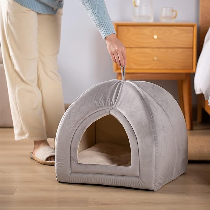 KASENTEX Cat Bed for Indoor Cats, 2-in-1 Cat House Pet Bed and Pet Supplies for Kitten and Small Cat or Dog - Animal Cave, Cat Tent with Removable Machine Washable Pillow Cushion (Grey 15x15x15)