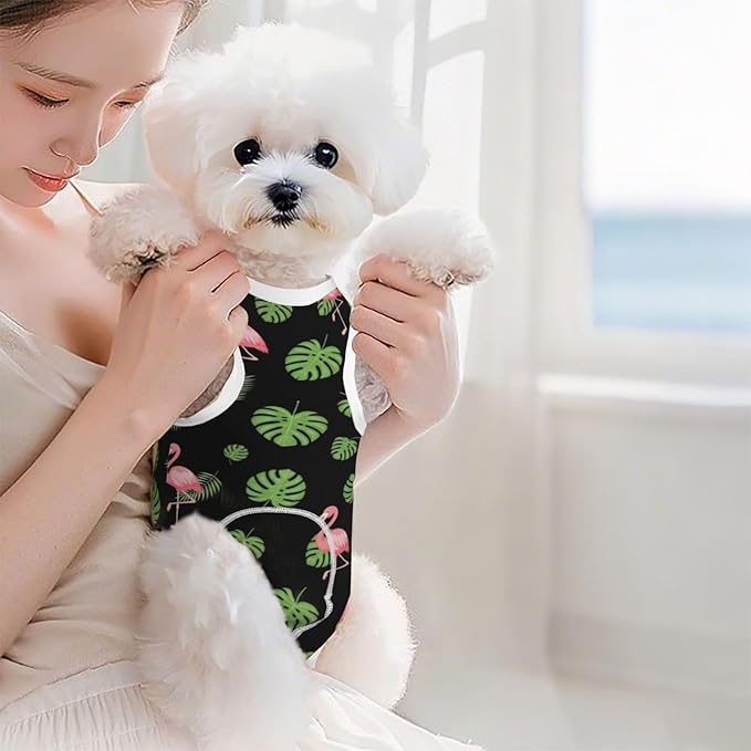 Dog Recovery Suit After Surgery Tropical Palm Tree Leaves Banana Green Leaf Cute Retro Flamingo Suit for Female Male Dog Onesie Vest Anti Licking
