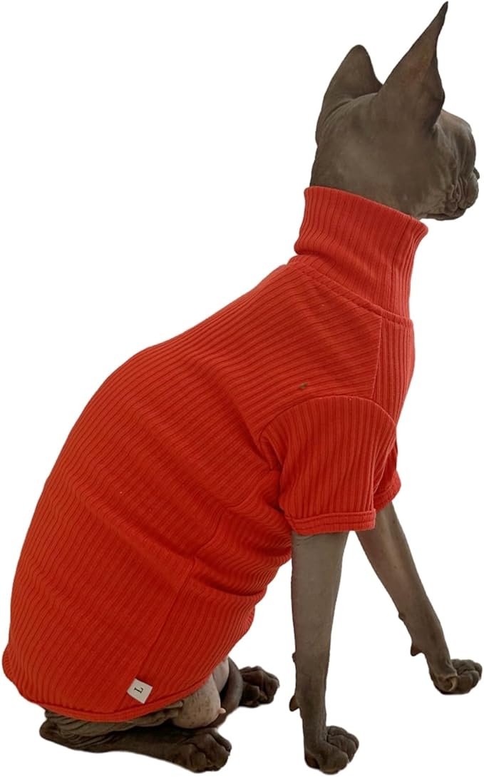 Sphynx Cats Shirt Cat Turtleneck Cotton Sweater Pullover Kitten T-Shirts with Sleeves Cat Pajamas Jumpsuit for Sphynx Cornish Rex, Devon Rex, Peterbald (Sunset, Small)
