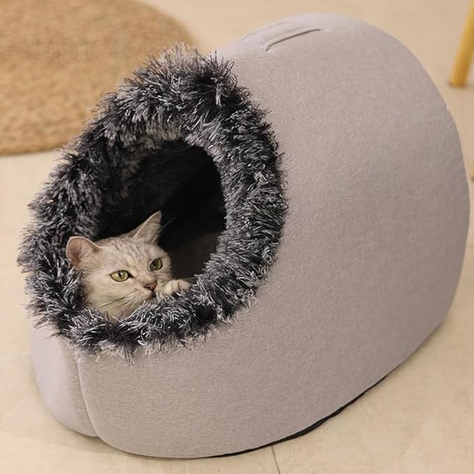 Plush Cat Cave Bed for Indoor Cats & Small Dogs - Fluffy Covered Pet House, Self-Warming Removeble Dog Bed with Anti-Slip Bottom, Washable Cat Hideaway Hut (gary02, Large)