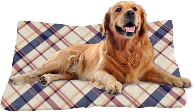 Cream Beige Plaid Kennel Mat Non Slip Bottom Washable Dog Beds Cozy Soft Outdoor Dog Pad Travel Accessories Printed Cage Mat Gift Reusable Bed 24× 18 Inch Indoor Outdoor