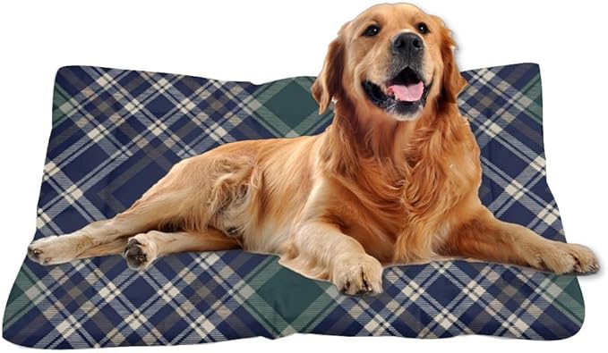 Navy Blue Plaid Crate Bed Non Slip Bottom Cat Mats for Sleeping Cozy Soft Travel Dog Mat Furniture Covers for Pets Printed Cat Bed Pad Gift Winter Cozy Pet 36× 24 Inch Indoor Outdoor