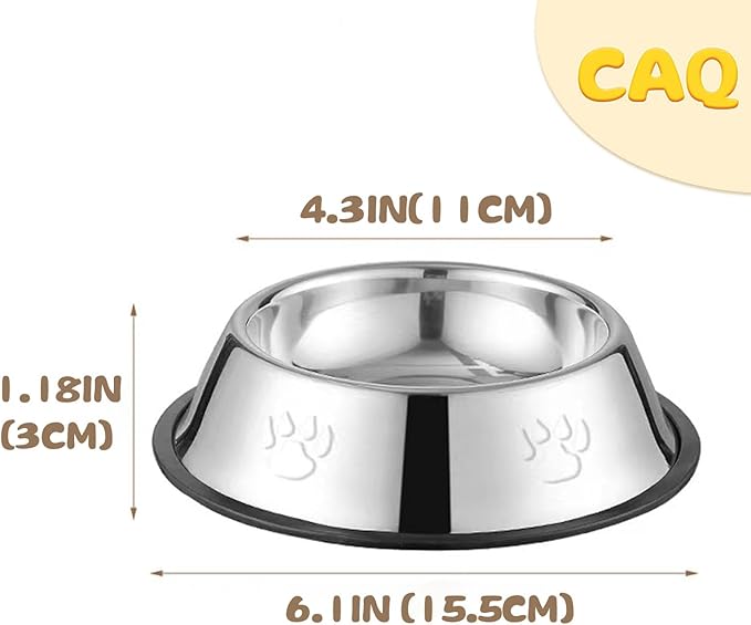 CAQ Dog Cat Bowls Stainless Steel Small Cat Dog Food Water Bowl for Indoor Stackable Pets Puppy Dish Non-Slip Removable Rubber Base Set of 2