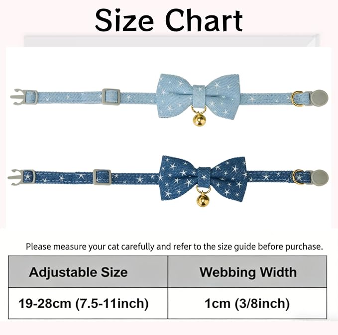 2 Pack Cat Collars with Bell,Glow in The Dark,Cute Star Bow Tie Collar for Cats,Adjustable Safety Breakaway Kitten Collar for Night Walking & Outdoor Use(Adult Cat,GD Star Blue)