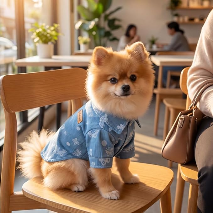Unisex Pet Denim Shirt for Cats & Small Dogs, Soft Washed Denim, Collared Button Down with Back D-Ring, Breathable Cotton, Spring/Summer/Fall (Large, Shirt-Light Blue with Butterfly)
