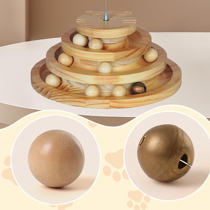 Cat Toy Ball Track with Feather Wand, 4 Layer Large Wooden Cat Ball Tower (9.9”) for Indoor Cats, Interactive Self Play Cat Toy with Bell Balls, Durable Pine Track for Big & Multi Cat Homes