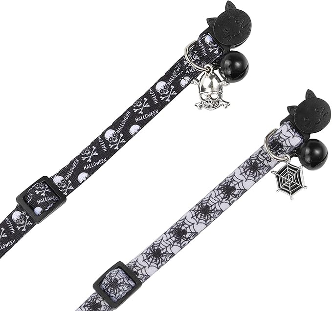 Cat Collar Halloween Set of 2, Skull Cat Collar for Small Dogs, Holiday Kitten Collar with Bell
