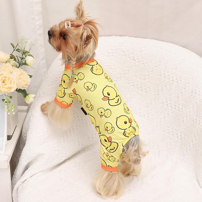 Yikeyo Dog Pajamas Small Sized Boy Girl, Cotton Stretchable Pet Clothes Jammies Puppy Outfits for Dogs Female Male, Spring Summer Doggie Pjs Doggy (Yellow Duck, S)