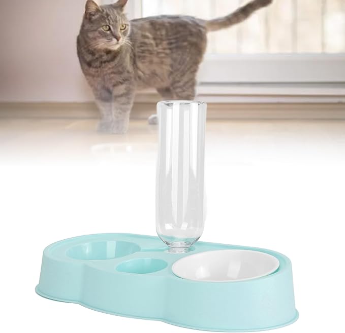 Double Pet Bowl Set, Non - Slip Stable 2-in-1 Food & Water Bowl with Automatic Water Dispenser Bottle, Feeding Station for Cats, Small Dogs and Mini Pets (Blue)