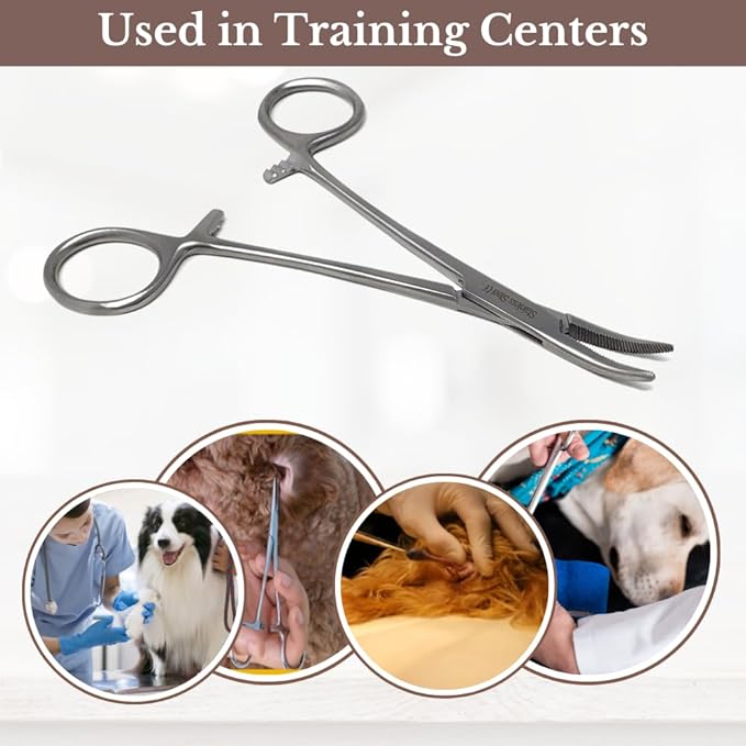HTI DOG CAT PET HAIR PULLER REMOVER STAINLESS STEEL HEMOSTAT LOCKING FORCEPS 5" CURVED FULL SERRATED (Silver)