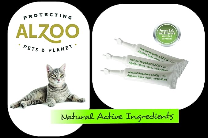 ALZOO Plant Based Flea & Tick Squeeze-On for Cats, Helps Repel Fleas, Ticks & Mosquitos, Up to 3-Months Protection, Plant-Based Active Ingredients, Water-Resistant, 3 EZ-On Applicators Per Pack