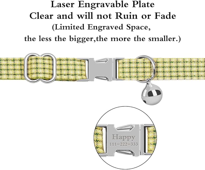 Personalized Cat Collar with Name Plate,Adjustable Tough Nylon Cat ID Collars with Bell,Customize Engraved Pet Name and Phone Number (Plaid Style C)
