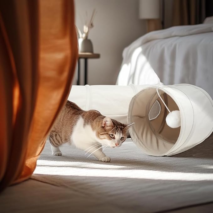 Cat Tunnel, 2-Way Collapsible Cat Tube with Interactive Peek-A-Boo Hole, Toy Ball, and Rope Ideal for Indoor Cats, Kittens, and Rabbits, Beige