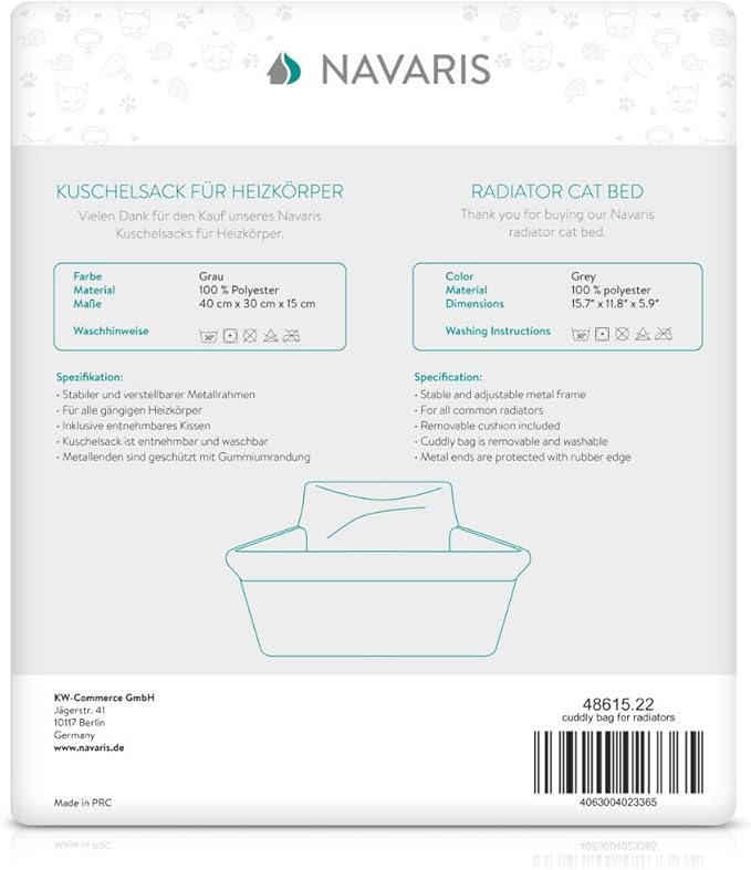 Navaris Cat Radiator Bed - Hanging Plush Basket Hammock with Cushion and Adjustable Metal Frame to Hook onto Radiators - 6kg Maximum Weight - Grey