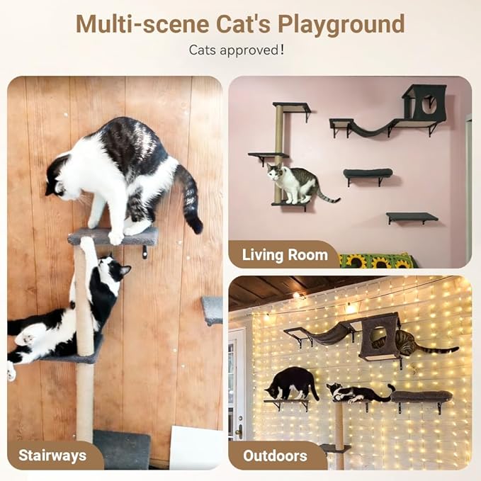 PawGiant Cat Wall Shelves, 5-in-1 Cat Furniture Set, Wooden Cat Climber with Perches, Condo House, Bed, Scratching Post & Board for 16inch Drywall and Solid Wall