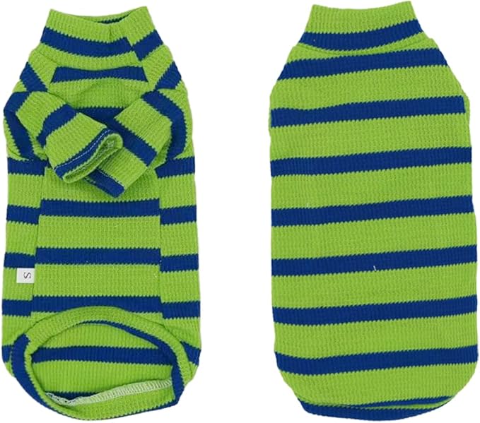 Striped Waffle Knit Shirt for Sphynx Cat, 2-Leg Long Sleeve Lightweight Outfit for Hairless Cats, Soft All-Season Pet Clothes (Green, Large (5-7 lbs))