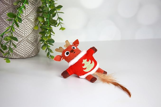 Mad Cat Ugly Sweater Stuffer Reindeer Catnip Soft Refillable Plush Cat Toy with Fun Sounds, Pack of 1