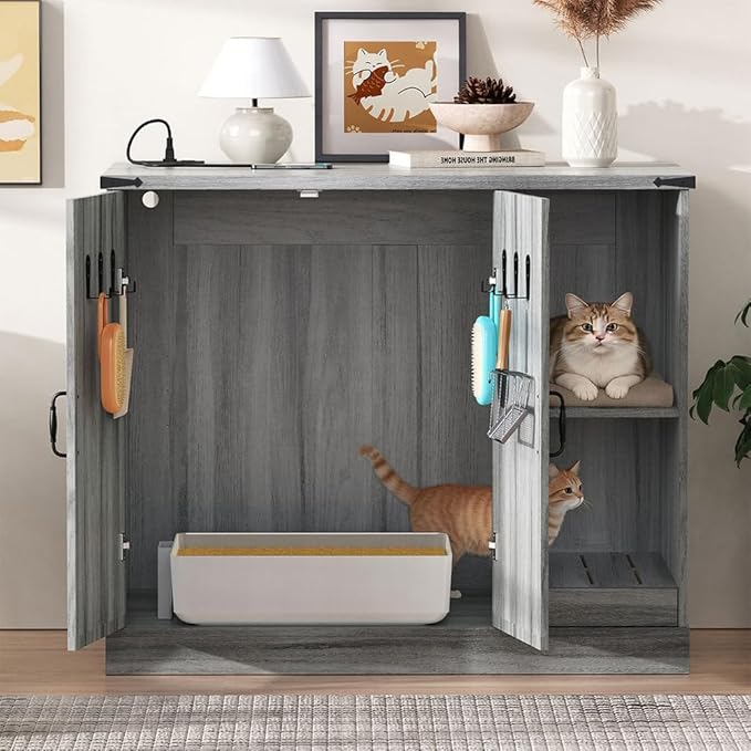 Extra Large Cat Litter Box Enclosure with Litter Collector, Hidden Litter Box Furniture Cabinet with Power Outlet & Storage Shelves, Cat House for Automatic Litter Boxes, Gray