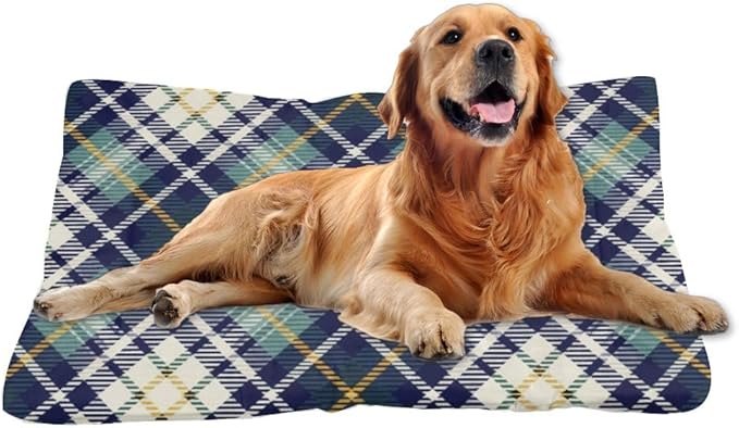 Yellow Green Blue Plaid Dog Pet Bed Mat Non Slip Bottom Dog Crate Bed Waterproof Cozy Soft Travel Cat Pet Accessories Printed Cat Gift Thick 24× 18 Inch Indoor Outdoor