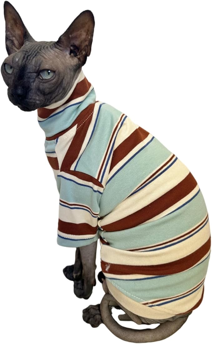 Vintage Stripes Sphynx Hairless Cats Shirt Cotton Cat Turtleneck Pet Clothes Kitten T-Shirts with Sleeves for Sphynx Cornish Rex, Devon Rex, Peterbald (Mint Brown, Small (Pack of 1))