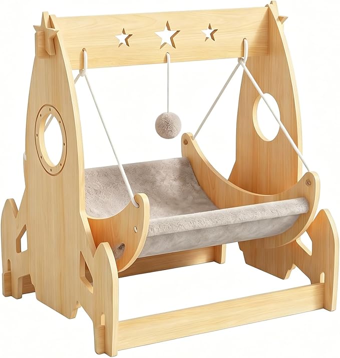 Cat Hammock Bed with Summer Linen & Winter Plush Dual Mats, Hanging Toy, Sturdy Wood Frame for Indoor Cats Small Dogs, 21.6" L x 18.9" W x 23.6" H