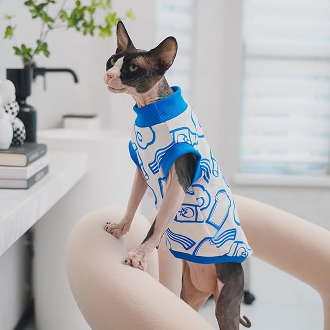 Sphynx Hairless Cat Summer Cotton T-Shirts Cat Vest Pet Clothes, Round Collar Vest Kitten Shirts Sleeveless, Cats & Small Dogs Apparel (Breakfast, XL (9-13 lbs))