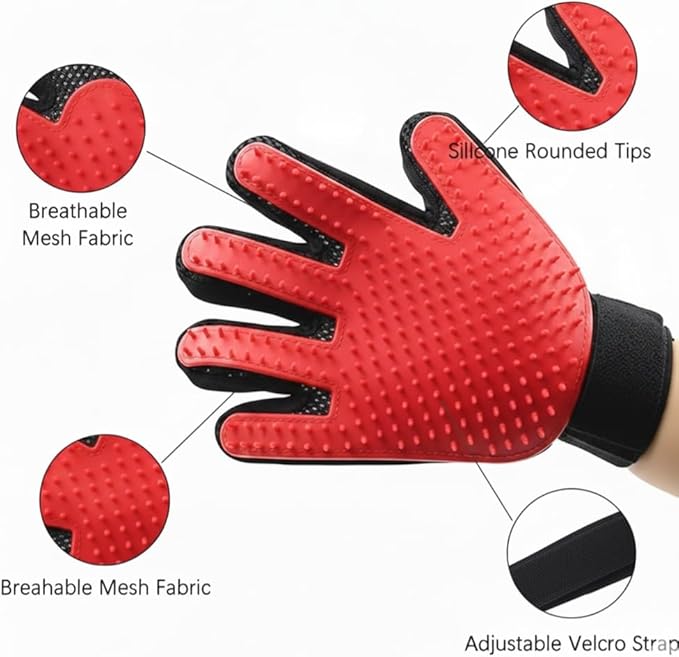 Pet Grooming Gloves, Deshedding Hair Removal Brush Mitt for Dogs and Cats, Black and Blue, Pair (Red)