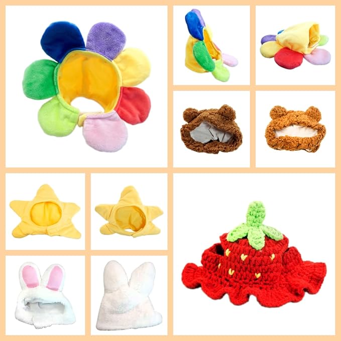 5 Pieces Cat Hat Adorable Cat Costume Outfit Bunny Hat with Ears Funny Mane Hat for Cats and Small Dogs Party Costume Accessory Headwear (Brown Bear-Flower-Starfish-Rabbit-Strawberry)-Not for Children
