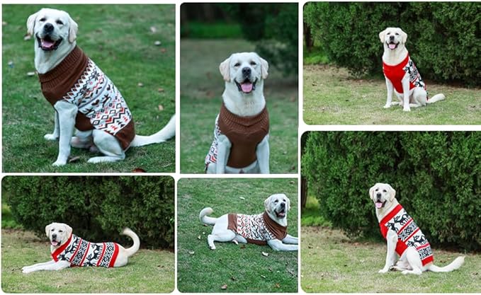 Turtleneck Christmas Sweaters for Dogs, Holly Ugly Vintage Knit Reindeer Holiday Pet Outfit for Large Dogs Brown XX-Large (XXL) Size Back Length 23"