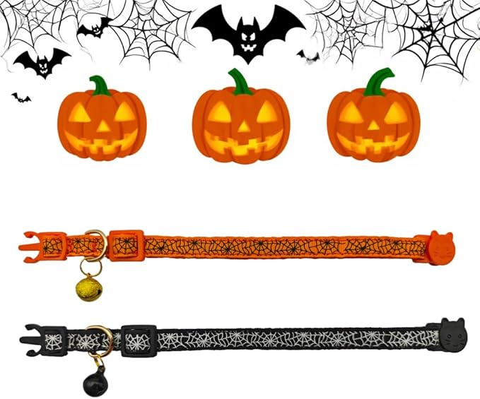 2 Pack Halloween Breakaway Cat Collars, with Spider Web Design, Safety Buckle & Removable Bell of Kitten Collars, Adjustable from 7.5 to 12.5 Inches(Orange & Black)