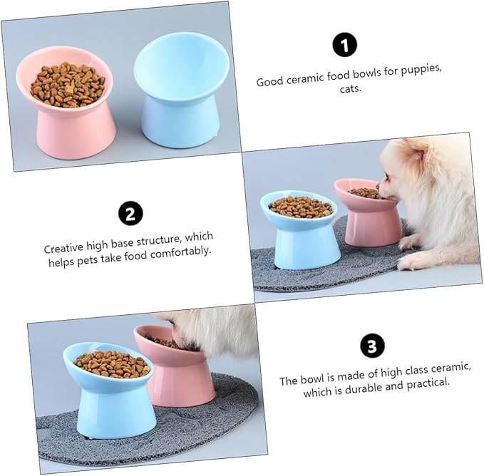FRCOLOR Ceramic Raised Pet Food Bowl with Slanted Edge for Neck Protection, Pink Cat and Dog Feeder Bowl Suitable for Cats and Small Dogs in Feeding Watering Supplies