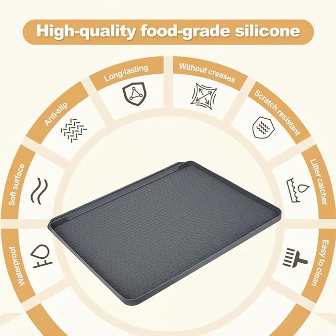 Extra Large Cat Litter Box Mat 34" x 22" – Waterproof Silicone Litter Trapper, Non-Slip, Easy to Clean Floor Protector, Soft on Kitty Paws(Dark Gray)