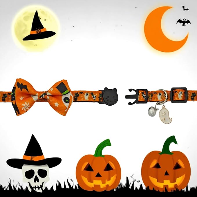 2 Pack Halloween Breakaway Cat Collars, Unisex for Girl & Boy Cats, with Bow Tie & Bell, Safety Buckle Kitten Collars, Adjustable from 7.5 to 12.5 Inches(Orange & Black)