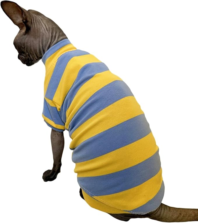 Sphynx Cat Clothes Shirts for Hairless Cat, Wide Stripe Cats Apparel, Kitten Summer Cotton T-Shirts with Sleeves for Cornish Rex, Devon Rex, Peterbald (Blue & Yellow, Medium)
