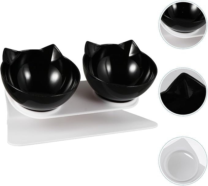 Elevated Tilted Cat Food Feeder Bowls Set, Black Plastic Raised Pet Feeding and Watering Bowls for Cats, Neck Protection Design for Comfortable Eating